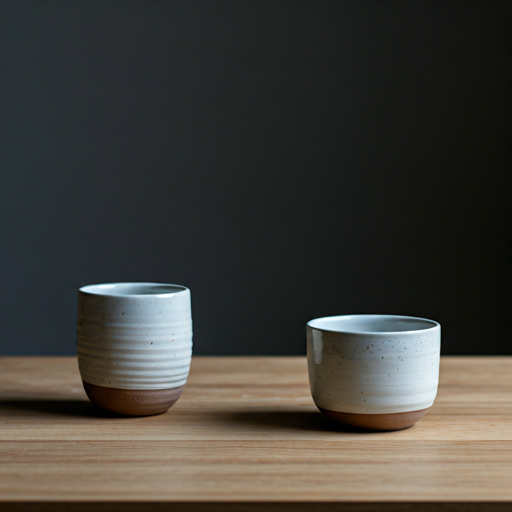 Handmade ceramic cups on a wooden table